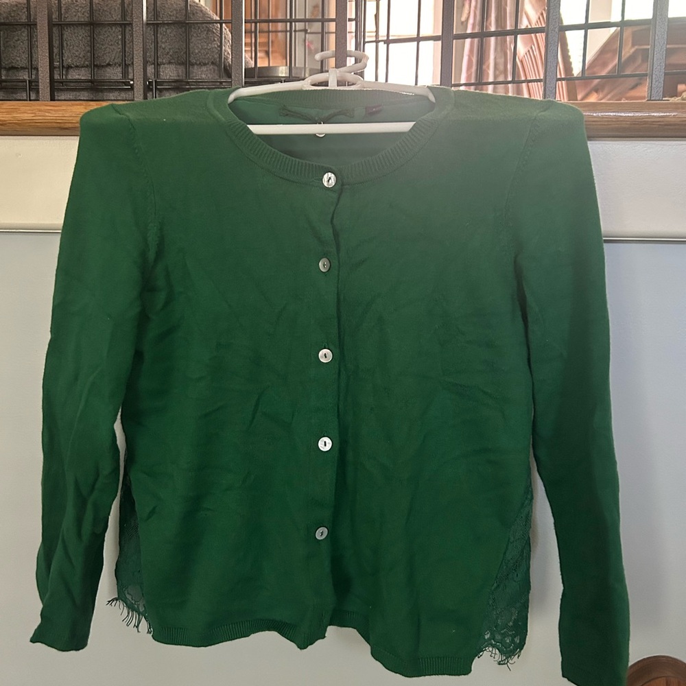 Anthropologie Green Button-front Sweater with lace back